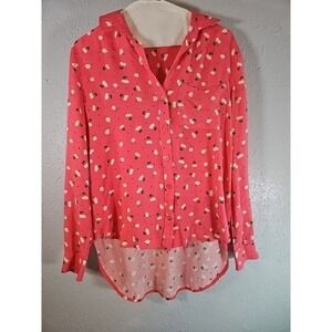 Velvet Heart Pink W/ Flowers Shirt Hi-Lo Button Up Roll Tab Sleeve Sz Small